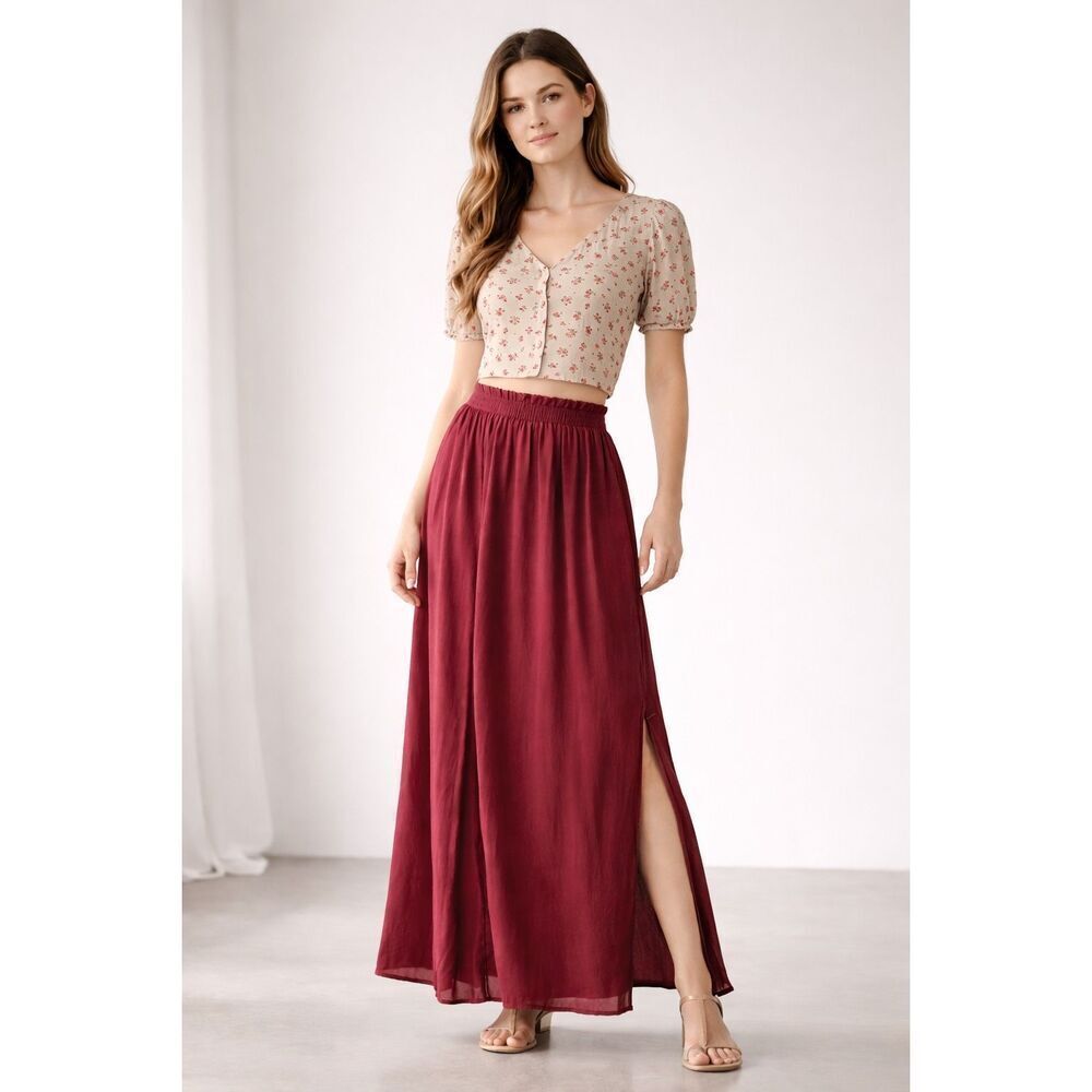 Express Red Maxi Skirt M Flowy Elastic Waist Rayon Boho